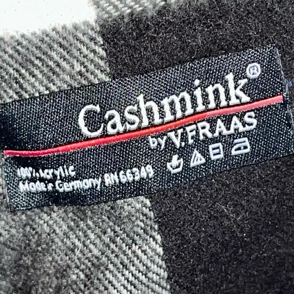 V. FRAAS VTG Cashmink Scarf Red Black Grey Plaid Made in Germany Fringes 70x11